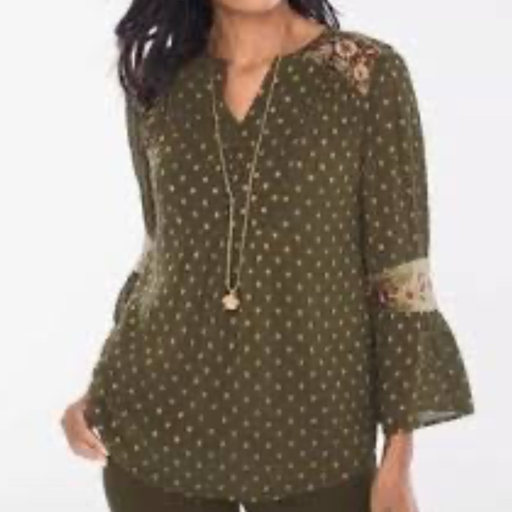 Chico's Women Blouse V Neck 3/4 Sleeve Top Polka Dot Rayon Green Size 0